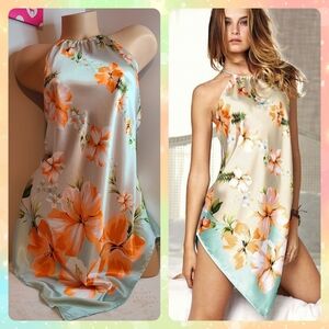 Rare Y2K Victoria's Tropical Satin Asymmetrical Halter Babydoll Size Sm